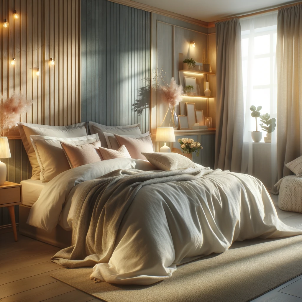 Serene bedroom with soft lighting, cozy bedding, and a peaceful atmosphere.