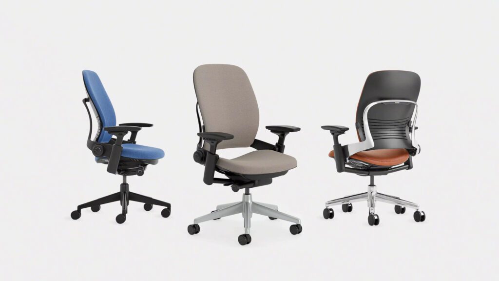 Assortment of Steelcase Leap Chair ergonomic office chairs in various colors and designs, each featuring adjustable components for optimal back support.