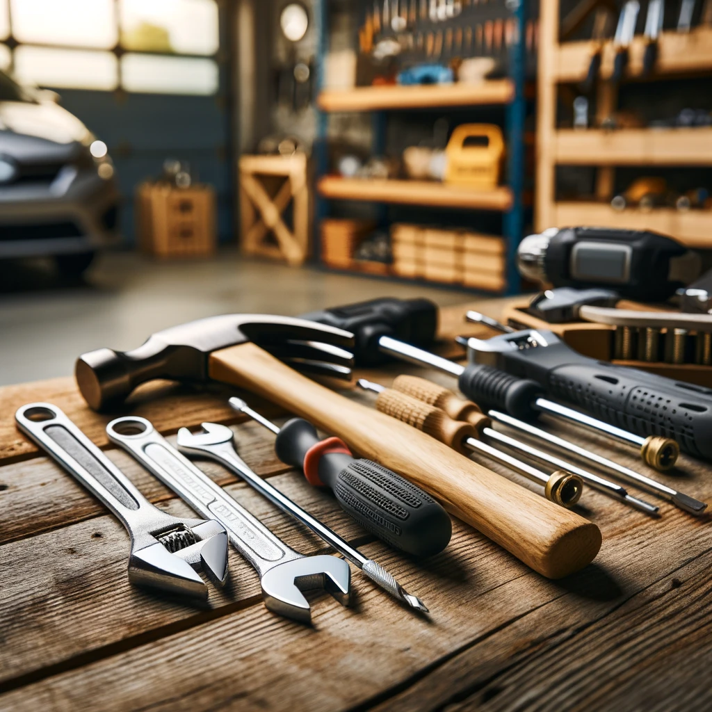 Tools like a hammer and screwdriver arranged on a wooden workbench in a garage for DIY projects.