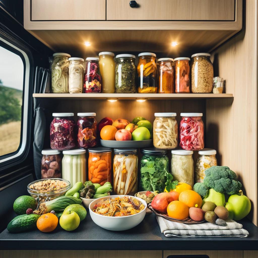 A variety of gut-friendly foods such as fermented vegetables and whole grains neatly arranged in a cozy, modern camper van kitchen, emphasizing a healthy nomadic lifestyle.