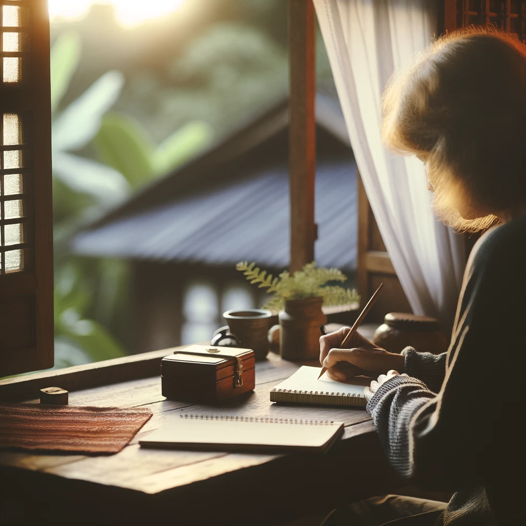 Woman journaling peacefully with a view of a garden, promoting self-awareness.