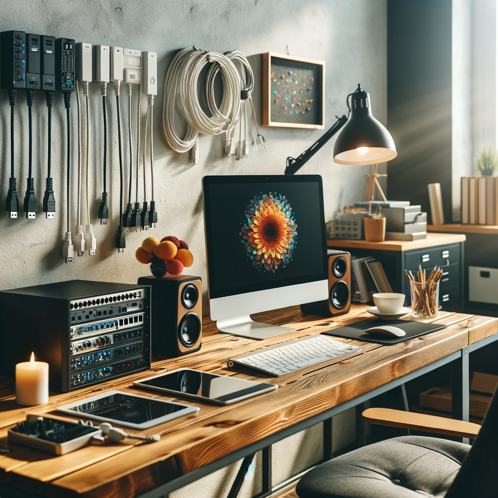 A workspace with neatly organized cables and electronics, in a modern office environment.