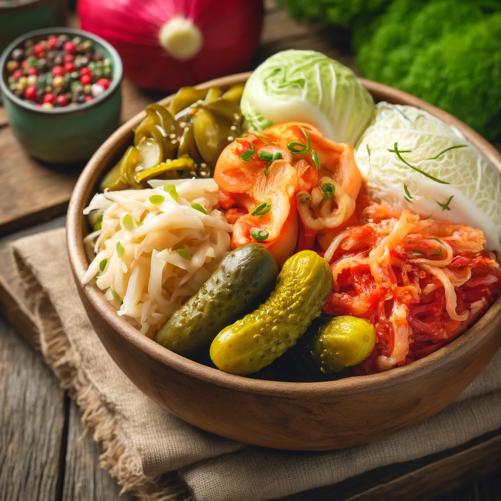 A close-up of a colorful bowl of fermented foods, good for gut health, including kimchi, sauerkraut, and pickles, set on a wooden table with a rustic background