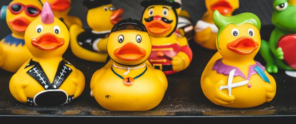 Various colorful rubber ducks in different costumes displayed on a Jeep Wrangler dashboard, a fun Jeep accessory