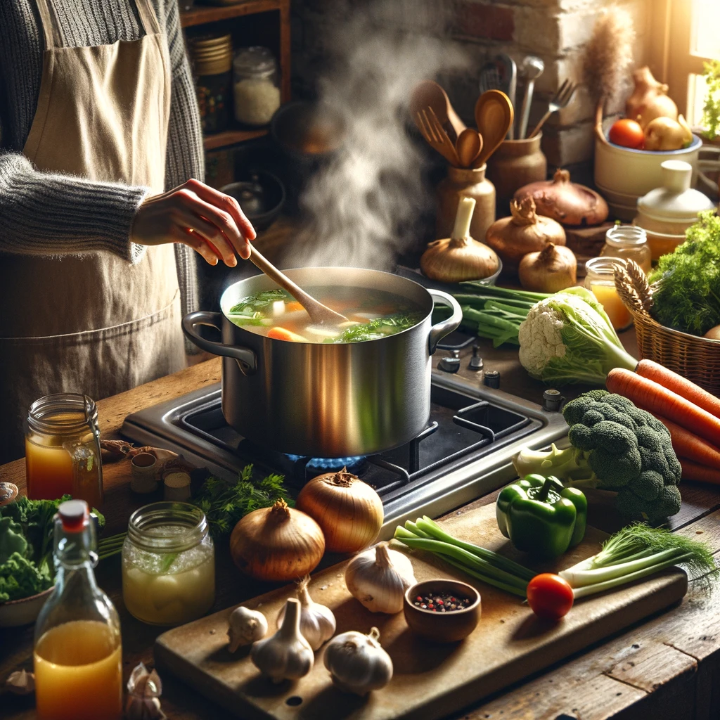 A cozy kitchen scene with a person making bone broth on the stove, with fresh vegetables and a pot of simmering broth, emitting steam and warmth.