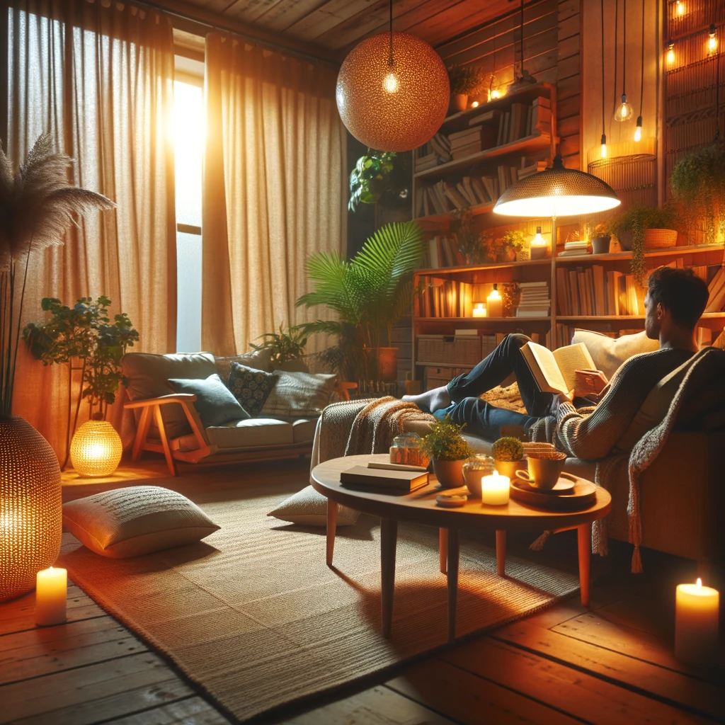 A person relaxing with a book in a cozy reading nook, surrounded by warm lighting and comfortable furniture.