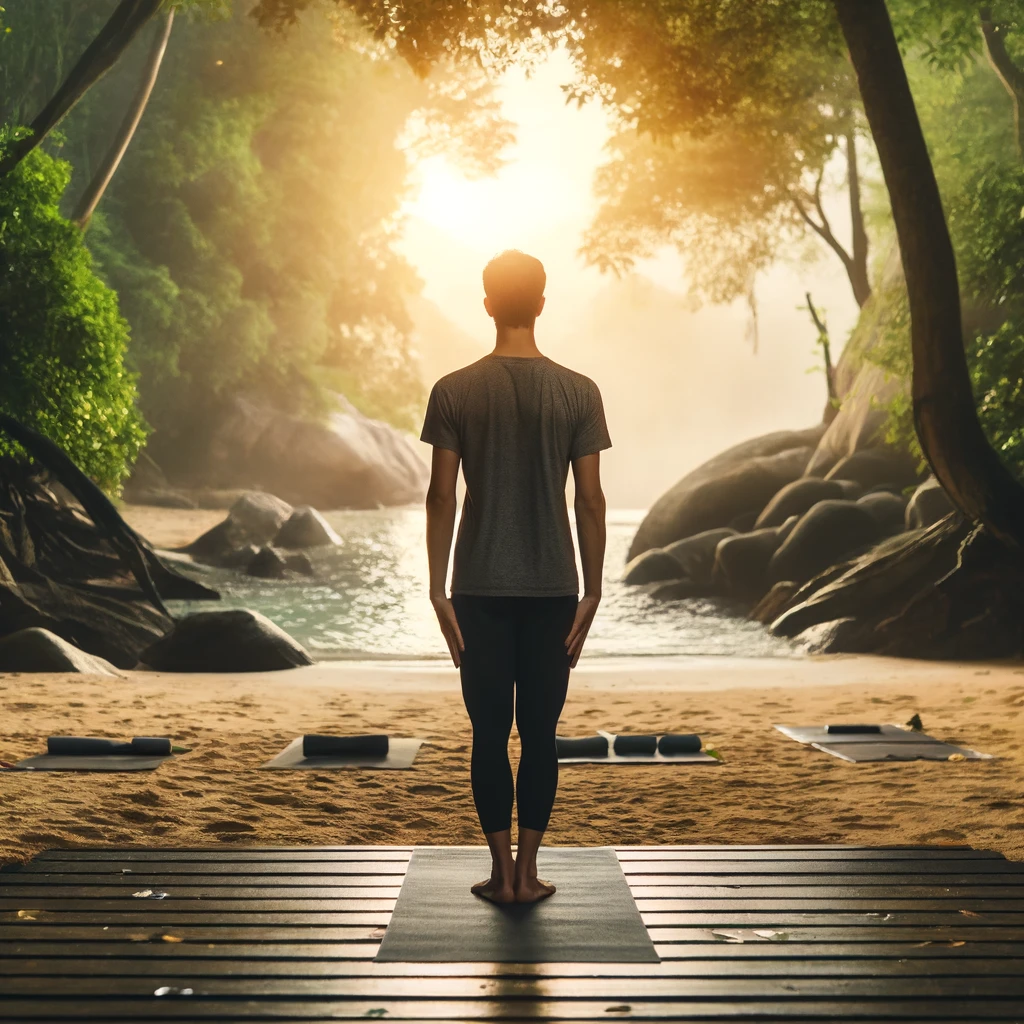 person standing in Tadasana Mountain Pose on a yoga mat in a serene outdoor setting such as a peaceful forest or beach with arms at their sides