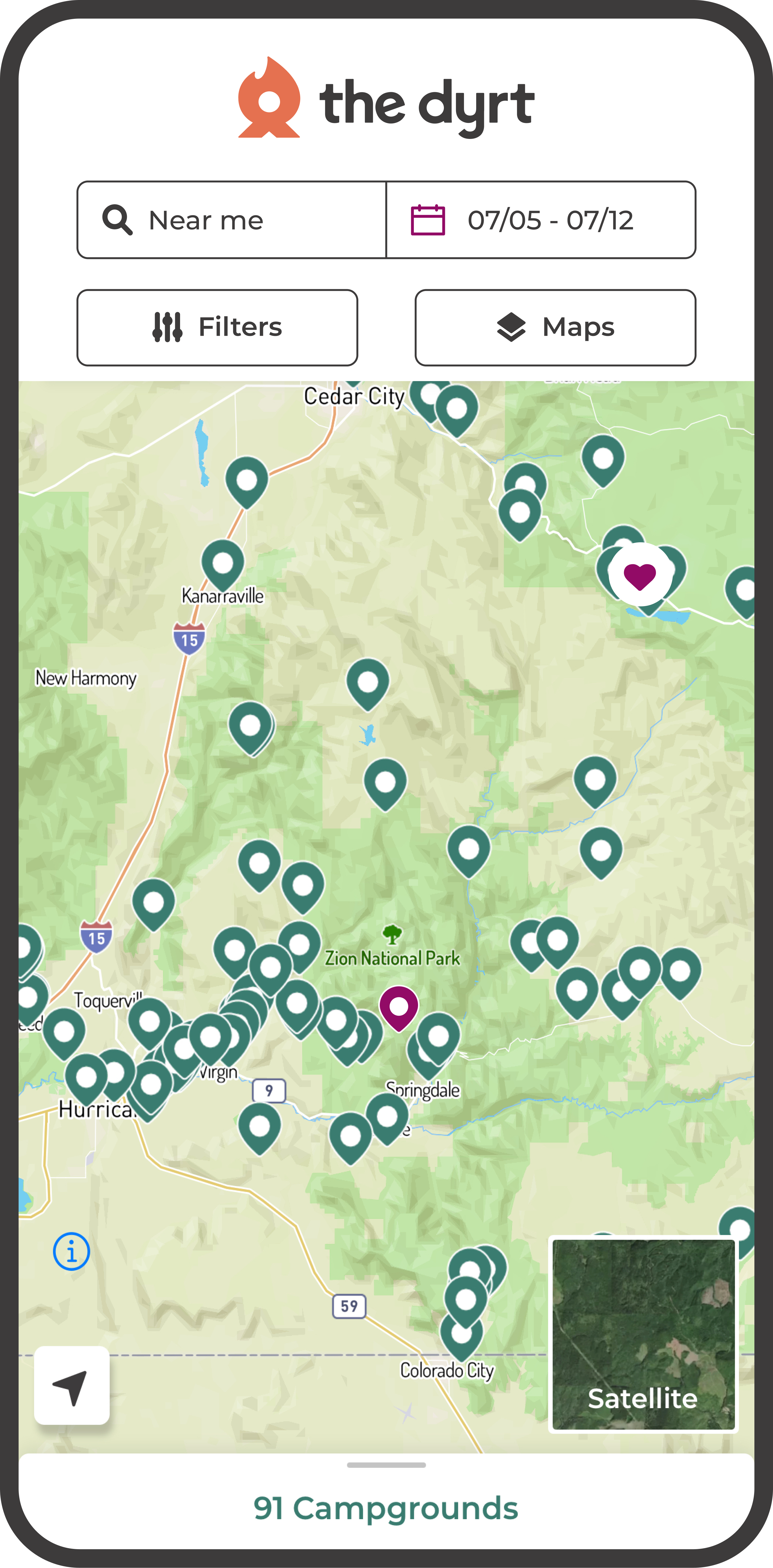 The Dyrt app showing a map with various campgrounds and RV parking options