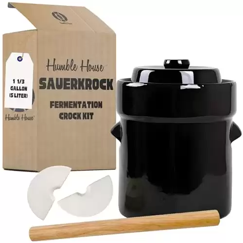 Humble House 1.3 Gallon Ceramic Sauerkraut Fermentation Crock With Lid, Glazed Weights, & Pounder Sauerkrock 5 Liter Brown Fermenting Crock Jar Kit For Pickling Cabbage, Kimchi, Pickles, Vegetable...