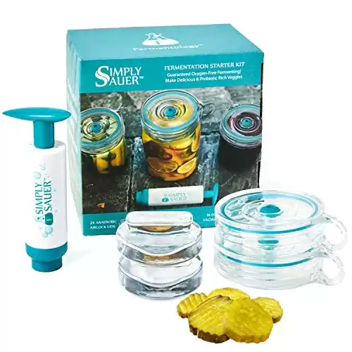 Fermentology Simply Sauer Fermentation Starter Kit Fits Wide Mouth Mason Jars Supplies Include Weights, Lids, Pump