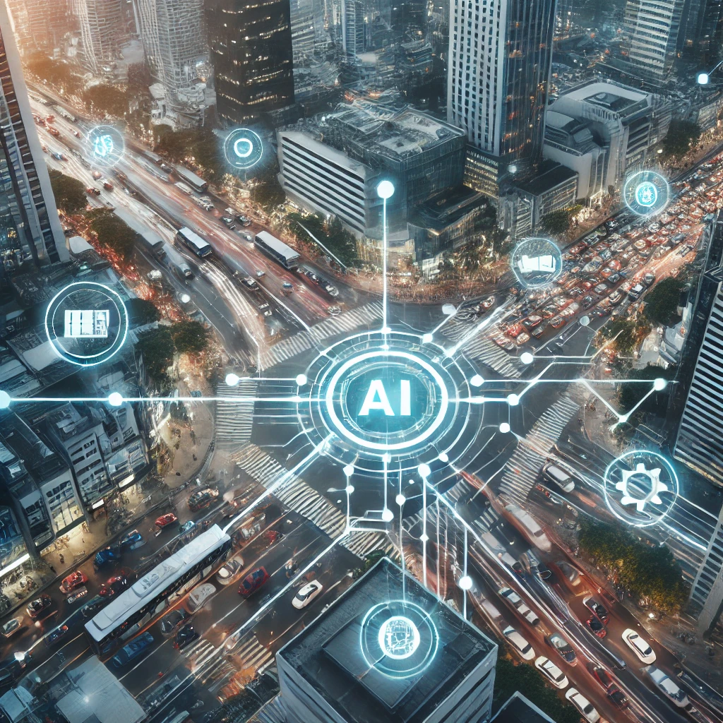 Aerial view of a city with digital overlays showing AI-assisted travel routes