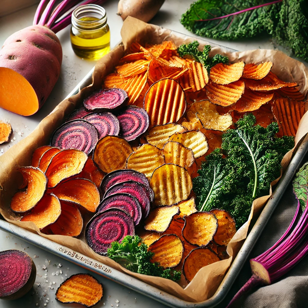 A tray of baked veggie chips including thinly sliced sweet potato, beet, and kale, tossed with olive oil and salt, and baked until crisp.