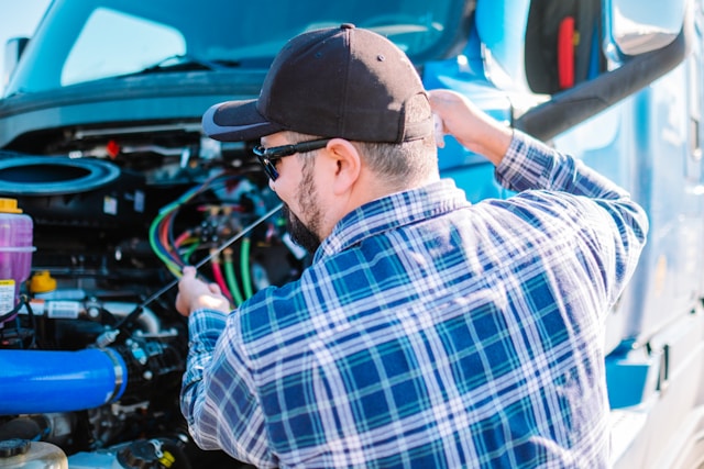 Mechanic checking engine fluids in an RV.