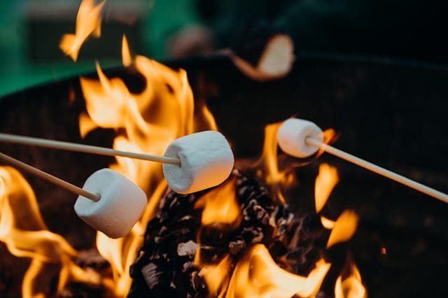 Close-up of marshmallows being roasted over a campfire.