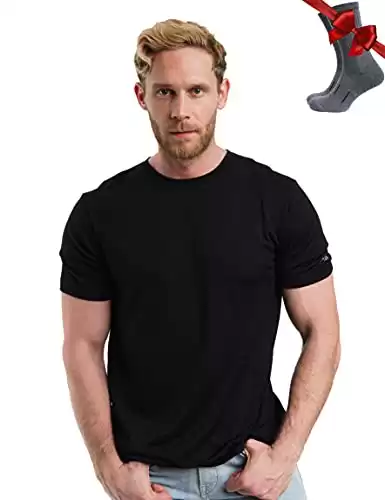 Merino.tech Merino Wool T-Shirt Mens - 100% Organic Merino Wool Undershirt Lightweight Base Layer + Hiking Wool Socks (Large, Black Ink)