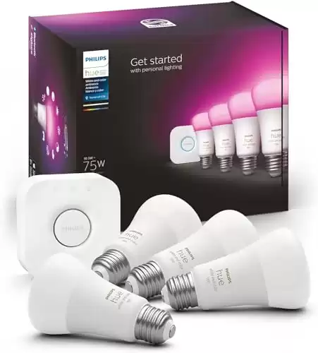 Philips Hue Smart Light Starter Kit - Includes (1) Bridge and (4) 75W A19 E26 LED Smart White and Color Ambiance Bulbs - Control with App - Compatible with Alexa, Google Assistant, and Apple HomeKit