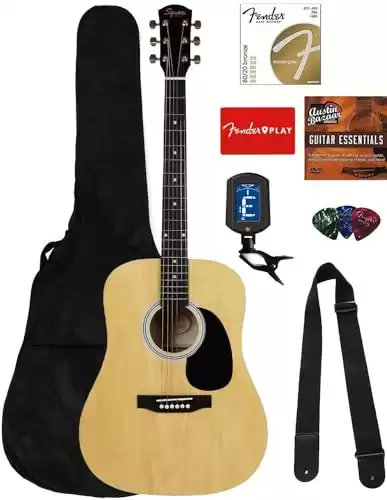 Fender Squier Dreadnought Acoustic Guitar - Natural Bundle with Gig Bag, Strap, Strings, Picks, Fender Play Online Lessons, and Austin Bazaar Instructional DVD