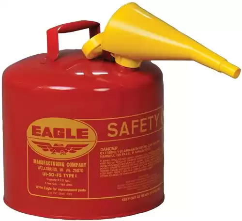 Eagle 5 Gallon Type I Red Safety Gas Can for Gasoline with Flame Arrester, Self-Closing Lid, and F-15 Funnel, Made in the USA, Galvanized Steel Flammable Storage Can, UI50FS