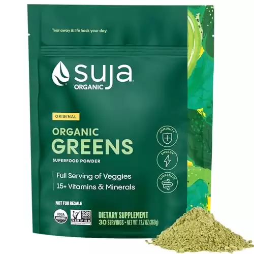 Suja Organic Greens Powder Probiotic Blend, Spirulina, Daily Superfood Drink or Smoothie Mix for Immune Support, Digestion, & Energy, Vegan, Gluten Free, Non GMO, 30 Servings