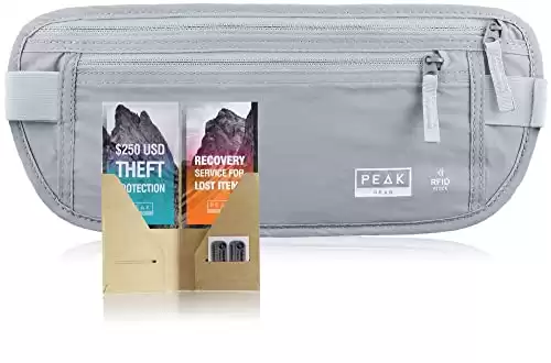 Peak Gear Travel Money Belt. Premium Quality Travel Wallet with RFID Blocking Fabric to Protect Credit Cards, Passports and Documents. Exclusive Theft Protection and 2 Recovery Tags | Regular | Gray