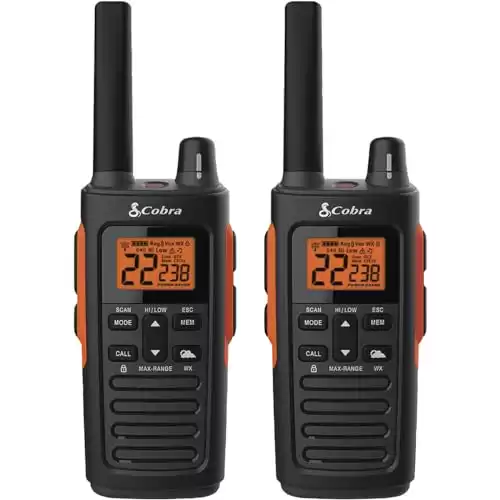 Cobra RX680 Waterproof Walkie Talkies for Adults - Rechargeable, 60 Preset Channels, Long Range 38-Mile Two-Way Radio Set (2-Pack),Black and Orange