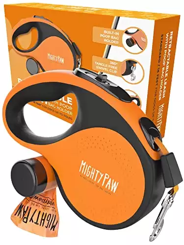 Mighty Paw Retractable Leash with Built-in Poop Bag Holder | 16 Long Retractable Dog Leash for Small Dogs, Medium Breeds & Large Pets. Dog Leash Retractable Tape for Quick Control. Poop Bag...