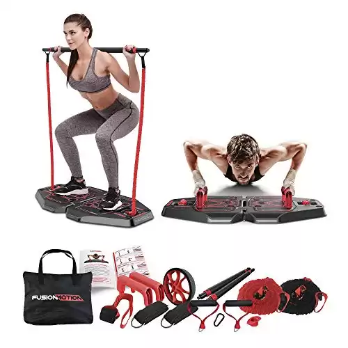 Fusion Motion Portable Gym with 8 Accessories Including Heavy Resistance Bands, Tricep Bar, Ab Roller Wheel, Pulleys and More - Full Body Workout Home Exercise Equipment to Build Muscle and Burn Fat