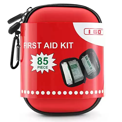 I GO 85 Pieces Hard Shell Mini Compact First Aid Kit, Small Personal Emergency Survival Kit for Travel Hiking Camping Backpacking Hunting Marine Car, Red