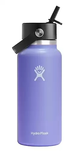 HYDRO FLASK Wide Mouth vacuum insulated stainless steel water bottle with leakproof closeable straw lid for cold water drinks, sports, travel, car and school