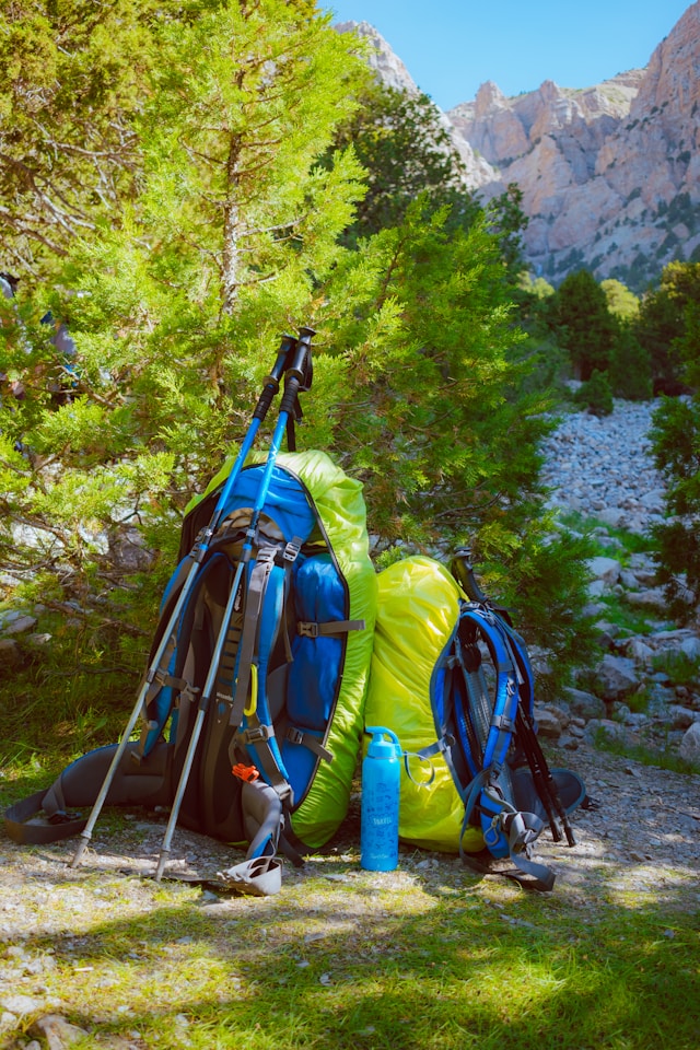 Two large backpacks and hiking poles resting on a trail in a mountainous forest area.