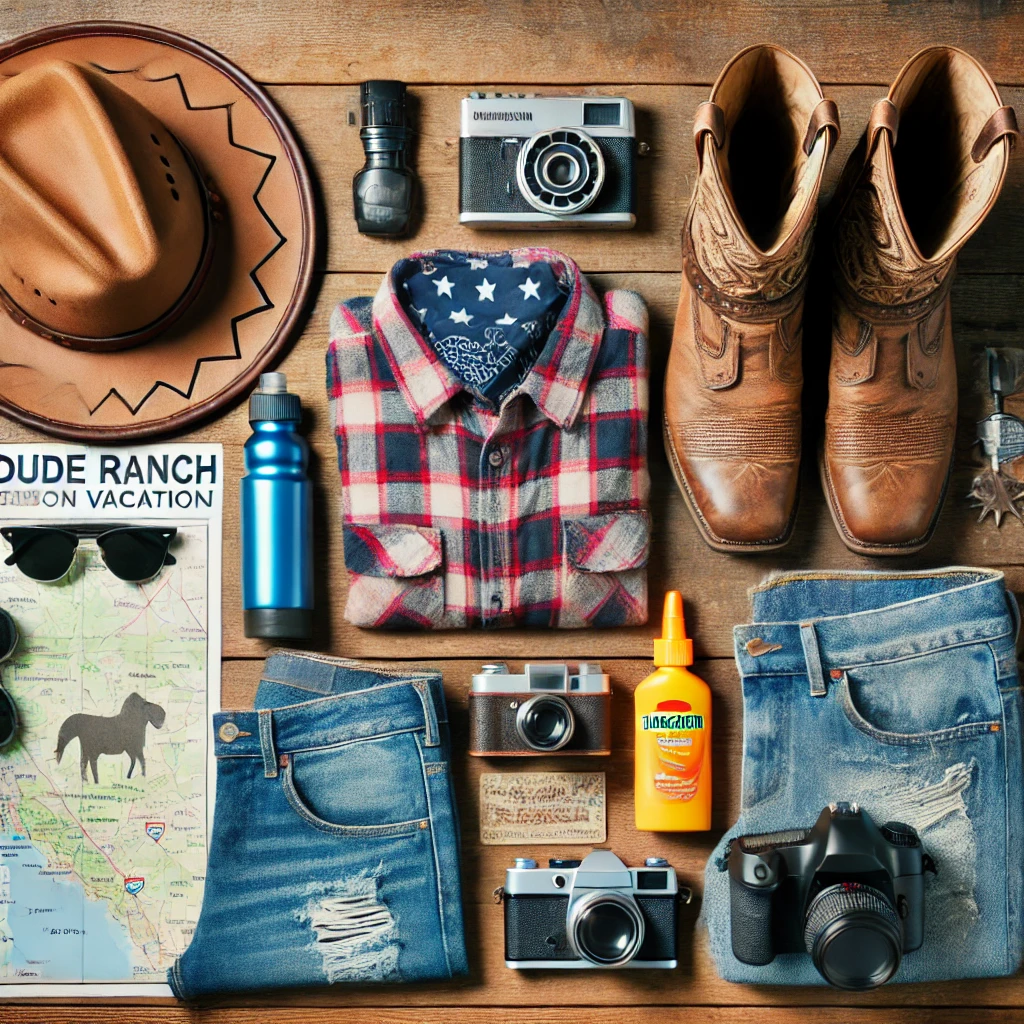 A well-arranged collage of essential items for a dude ranch vacation, including cowboy boots, hat, camera, and denim clothing on a wooden background.