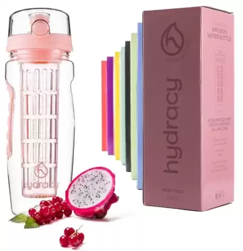 Hydracy Fruit Infuser Water Bottle - 32 oz Sports Bottle - Time Marker & Full Length Infusion Rod + 27 Fruit Infused Water Recipes eBook Gift - Rose Gold