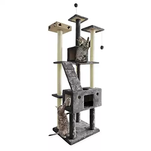 Furhaven 69.3" Tall Cat Tree for Indoor Cats, Ft. Sisal Scratching Posts, 2x Cat Condos, & Toys - Tiger Tough Double Decker Interactive Playground Tower - Silver Gray, One Size