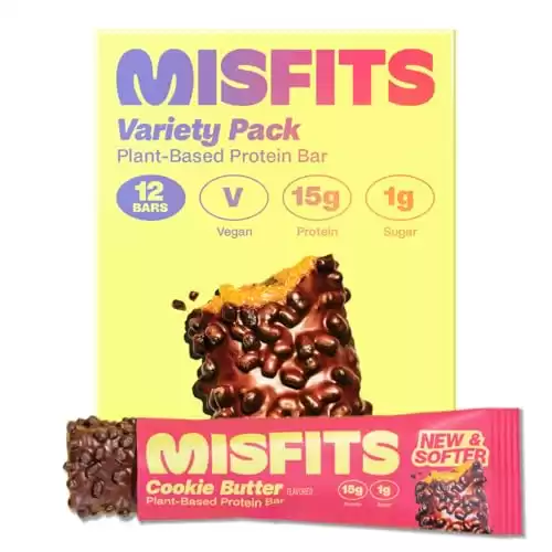 Misfits Vegan Protein Bar, Variety Pack, Plant Based Chocolate Protein Bars, High Protein Snacks for Adults with 15g Plant Protein Per Bar, Low Carb, 1g Sugar, High Fiber, Healthy Snack Food, Mixed Fl...