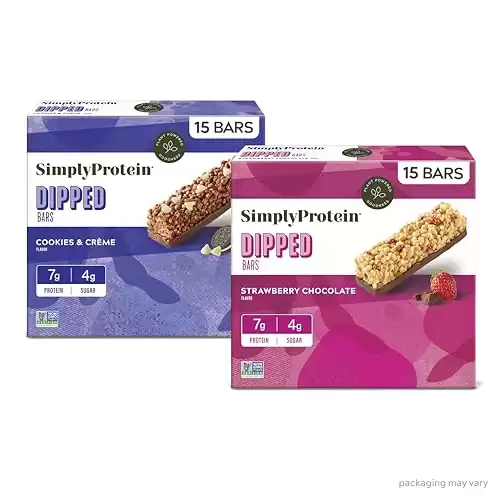 Simply Protein - Dipped Bars Variety Pack, 30 Bars - Cookies & Crème (3) and Strawberry Chocolate (3) Flavors - Plant Based Snacks for Kids - 7g Protein, 4g Sugar, 100 Calories - Vegan - 6 Boxes