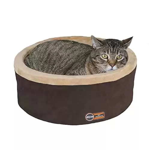 K&H Pet Products Thermo-Kitty Bed Heated Cat Bed for Indoor Cats , Electric Warming Bed for Cats and Small Dogs, Washable Thermal Plush Calming Round Pet Bed - Large 20" Mocha/Tan