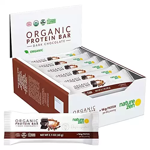 Organic Protein Bars from Nature Zen, Chocolate, High protein snack, 16g protein, High in fibers, certified vegan, No artificial flavor, Nut Free, Soy free, Gluten Free, dairy free, 60g, 12 bars per b...