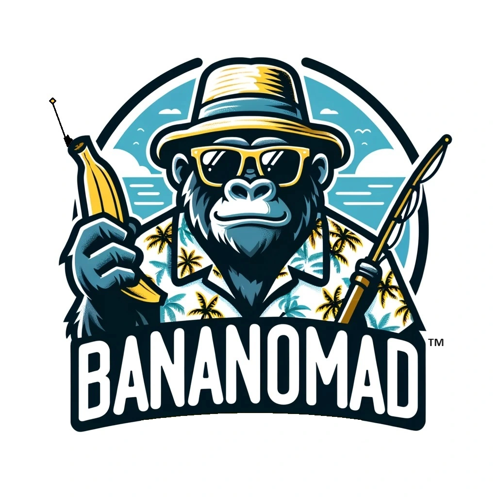 Bananomad logo, a gorilla with a banana cell phone in one hand and a fishing pole in another hand. Dressed in a Hawaiian shirt, hat, and sunglasses.