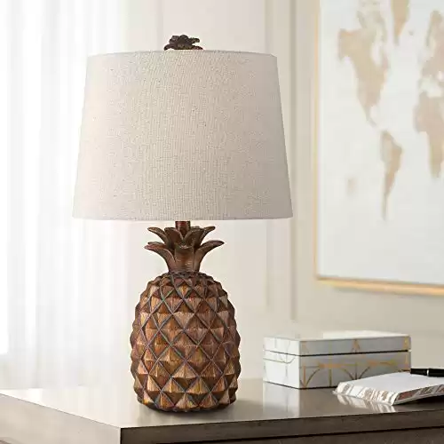 Regency Hill Paget Coastal Tropical Style Accent Table Lamp 23.75" High Pineapple Brown Oatmeal Fabric Tapered Drum Shade Decor for Living Room Bedroom Beach House Bedside Nightstand Home