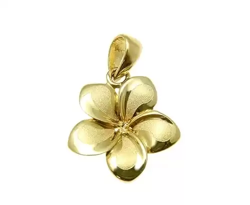 Arthur's Jewelry 14K Solid yellow gold 13mm Hawaiian tropical plumeria flower charm pendant