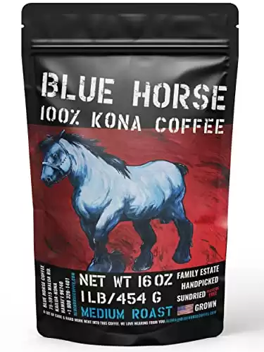 Farm-fresh: 100% Kona Coffee - Medium Roast - Arabica Whole Beans - 1 Lb or 16 oz Bag - Blue Horse 100% Kona Coffee from the Big Island of Hawaii