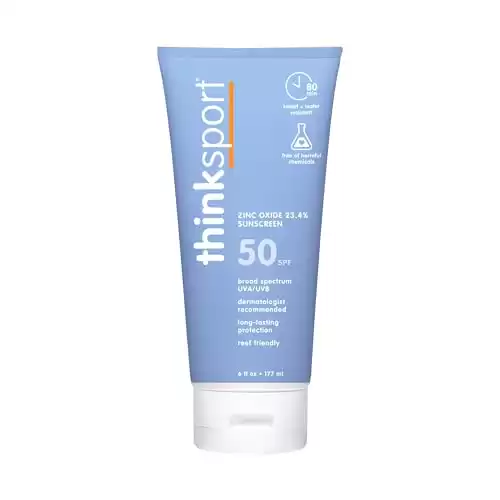 Thinksport SPF 50+ Mineral Sunscreen Safe, Natural Sunblock for Sports & Active Use - Water Resistant Sun Cream UVA/UVB Sun Protection Vegan, Reef Friendly Sun Lotion, 6oz