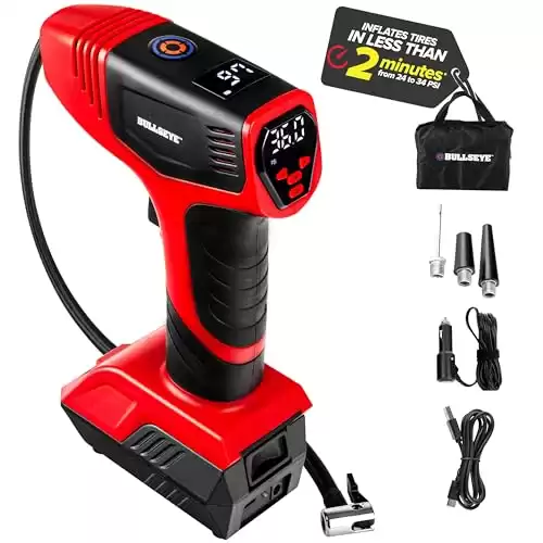 Bullseye Pro Tire Inflator Portable Air Compressor, Car Tire Inflator Portable, Portable Air Pump for Car Tires 150PSI, 12V DC 1500 mAhs with Tire Pressure Gauge, Rechargeable As Seen On TV