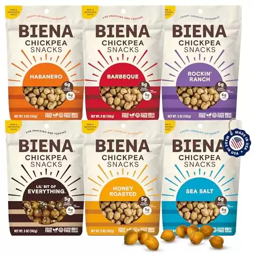 BIENA Chickpea Snacks - Crunchy Roasted Chickpeas - High Fiber Vegan Protein Snack for Adults & Kids - 6-Pack, 5 oz Bags - BBQ, Habanero, Honey Roasted, Lil' Bit of Everything, Sea Salt, Rock...