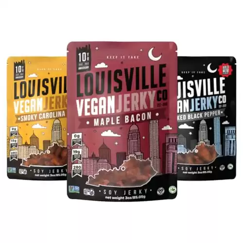 Louisville Vegan Jerky Co. Best Sellers 1 Variety Bundle Vegan Jerky 3 oz. 3 pack (Smoky Carolina BBQ, Smoked Black Pepper, Maple Bacon)