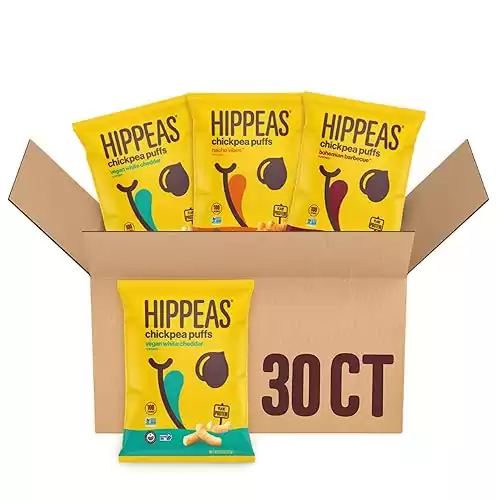 Hippeas Chickpea Puffs, Variety Pack: Vegan White Cheddar, Nacho Vibes, Barbecue, 0.8 Ounce (Pack of 30), 3g Protein, 2g Fiber, Vegan, Gluten-Free, Crunchy, Plant Protein Snacks