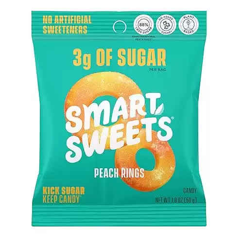 SmartSweets Peach Rings, Low Sugar Gummy Candy (3g), Low Calorie (130), Gluten-Free -1.8oz (Pack of 12) Packaging may vary