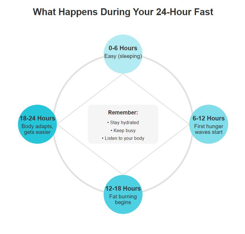 Circular infographic describing what happens during a 24-hour fast, including stages like '0-6 Hours Easy' and '12-18 Hours Fat Burning'.