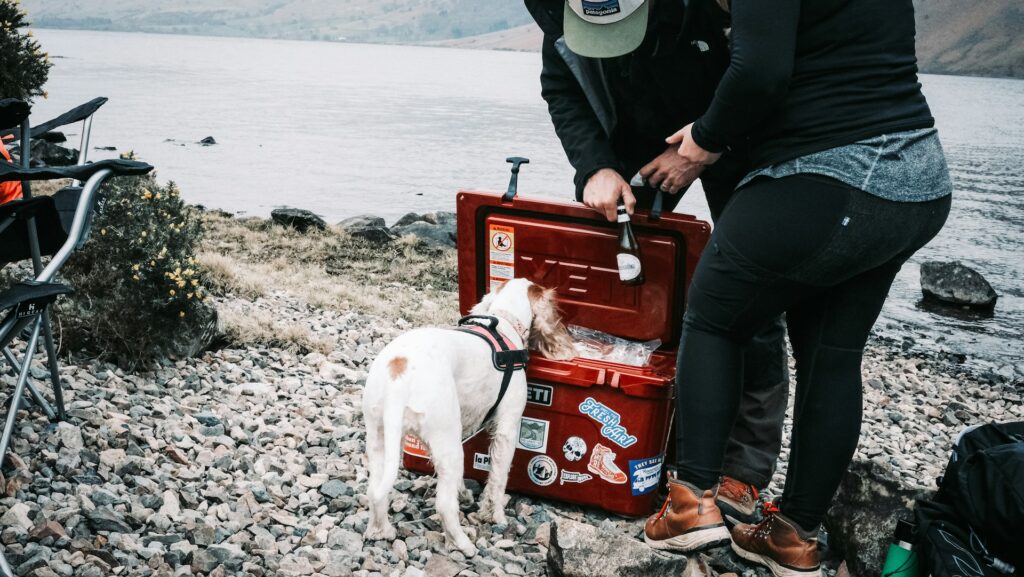 A person opens a red YETI cooler by a lake while a dog looks on, surrounded by outdoor camping chairs and a rocky shore.