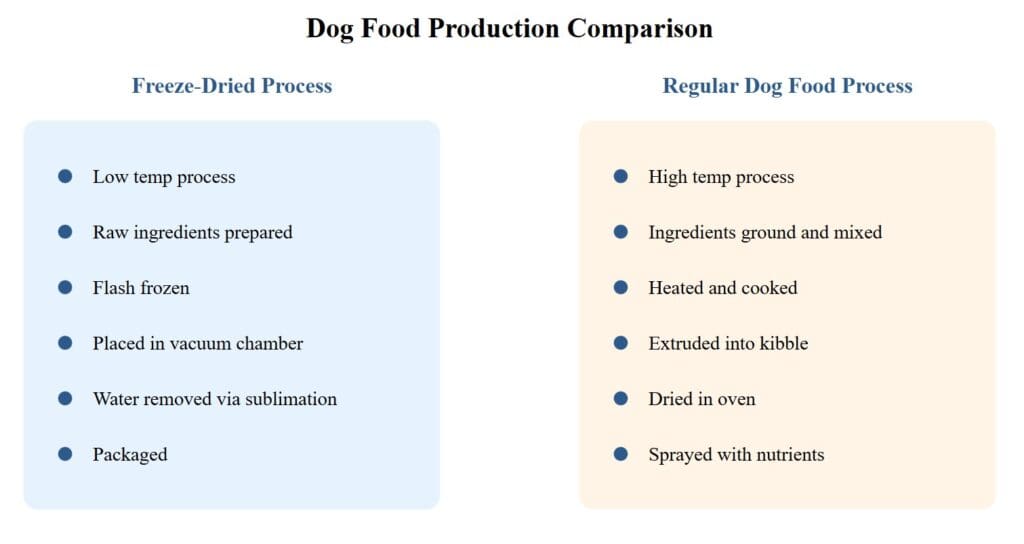 Comparison chart showing the differences in production processes between freeze-dried dog food and regular kibble, highlighting steps such as low-temperature processing and high-temperature cooking.